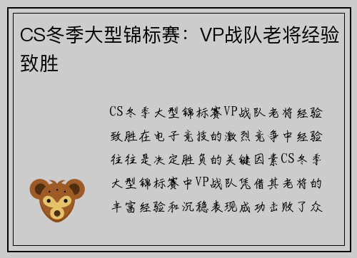 CS冬季大型锦标赛：VP战队老将经验致胜